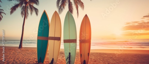 Surfboards on the beach at sunset time - vintage filter effect. Surfboards on the beach. Vacation Concept with Copy Space.
