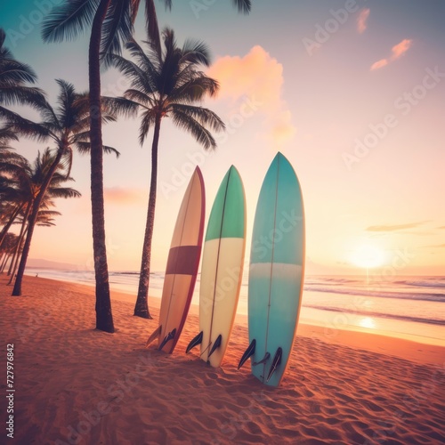 Surfboards on a sandy beach with palm trees in the background. Surfboards on the beach. Vacation Concept with Copy Space.