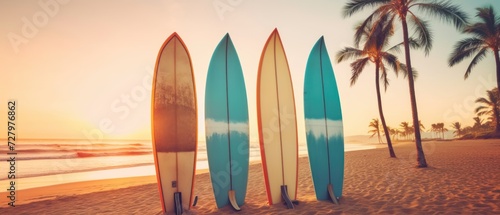 Surfboards on the beach with palm trees at sunset - Vintage filter. Surfboards on the beach. Vacation Concept with Copy Space.