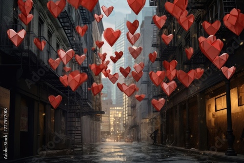 A vibrant city street brimming with red hearts creates a playful and enchanting atmosphere  Paper hearts fluttering down on a city street  AI Generated