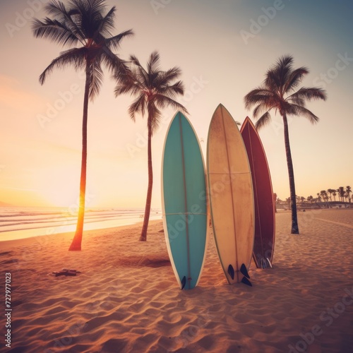 Surfboards on the beach with palm trees at sunset. Vintage filter. Surfboards on the beach. Vacation Concept with Copy Space.