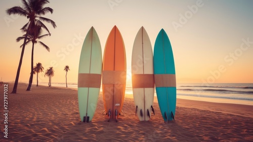 Surfboard on the beach at sunset time. Vintage filter. Surfboards on the beach. Vacation Concept with Copy Space. © John Martin