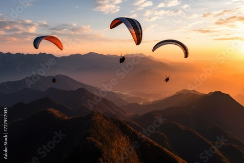 A breathtaking sight as a group of colorful parachutes gracefully soar through the air above a majestic mountain range, Paragliders flying over mountains with the golden evening light, AI Generated