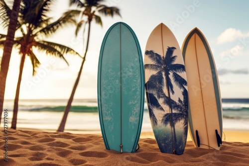 Surfboards on the beach with palm trees and sea background. Surfboards on the beach. Vacation Concept with Copy Space. © John Martin
