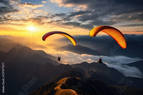 Captivating image of two paragliders flying elegantly over a picturesque mountain as the sun sets in the background, Paragliders flying over mountains with the golden evening light, AI Generated