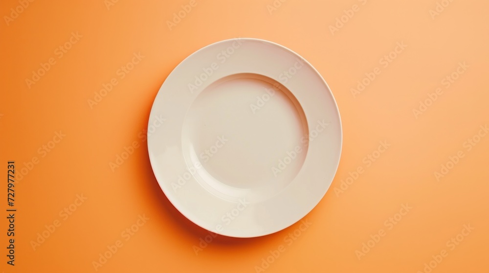 A top view of an empty ceramic plate, elegantly simple, set against a subtle pale orange background A top view of an empty ceramic plate, elegantly simple, set against a subtle pale orange background