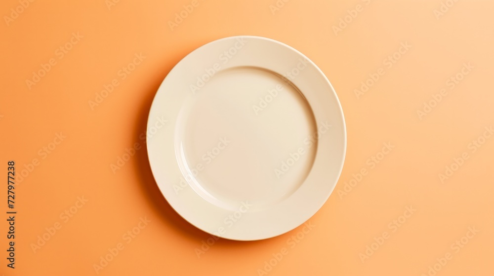 A top view of an empty ceramic plate, elegantly simple, set against a subtle pale orange background A top view of an empty ceramic plate, elegantly simple, set against a subtle pale orange background
