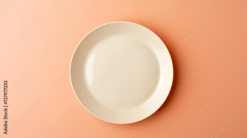 A top view of an empty ceramic plate, elegantly simple, set against a subtle pale orange background A top view of an empty ceramic plate, elegantly simple, set against a subtle pale orange background