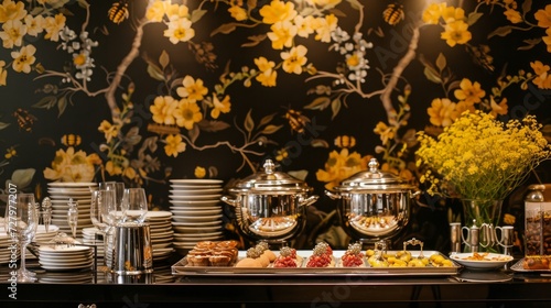 A chic and elegant buffet setup in a hotel  featuring sleek modern chafing dishes