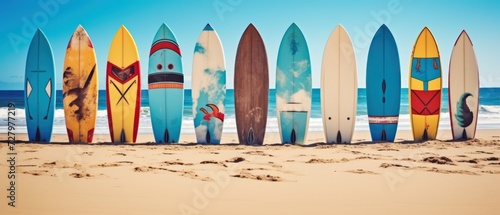 Surfboard on the beach in summer. Concept of surf. Surfboards on the beach. Vacation Concept with Copy Space.