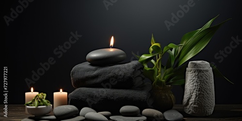 Amidst lush ferns, a towel is placed alongside flickering candles and black hot stones, creating a serene oasis perfect for unwinding and rejuvenation.