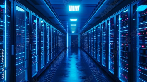 High-tech data center with rows of server equipment under blue lighting