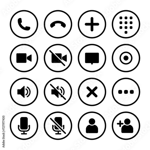 Video call icon set. Video conference call. Collections buttons of call, record, add call, microphone, mute, number pad for app. Circle rounded rectangle stroke style - Vector Icon