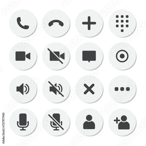 Video call icon set. Video conference call. Collections buttons of call, record, add call, microphone, mute, number pad for app. Circle rounded rectangle style in grey color with shadow. - Vector Icon
