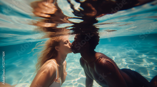 Interracial couple sharing a kiss underwater