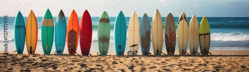 Surfboards on the beach at sunset, panoramic banner. Surfboards on the beach. Vacation Concept with Copy Space. © John Martin