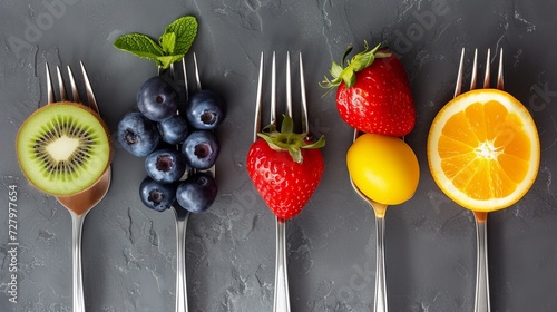 This creative image features an array of fruit and vegetables impaled on silver forks, arranged against a grey background photo