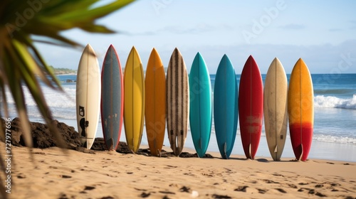 Colorful surfboards on the beach at sunset. Surfboards on the beach. Vacation Concept with Copy Space.