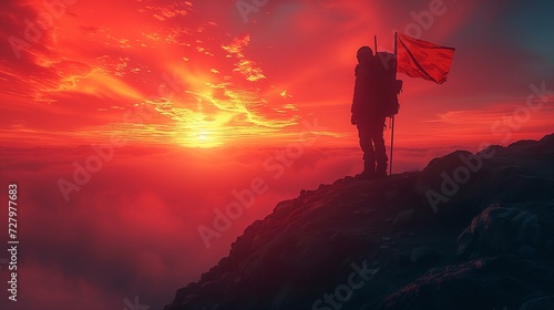 Silhouette of a climber with a flag on a mountain peak against a dramatic sunset.
