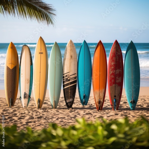 Surfboards on the beach with palm trees and blue sky. Surfboards on the beach. Vacation Concept with Copy Space.