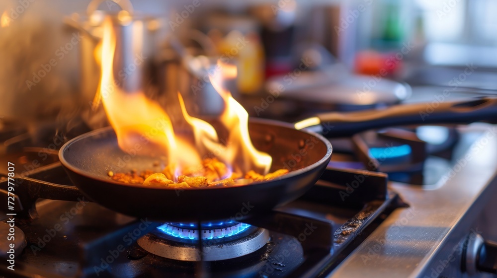 image vividly captures a frying pan on a gas stove with the fire lit, showcasing a dish being actively prepared image vividly captures a frying pan on a gas stove with the fire lit, showcasing a dish being actively prepared