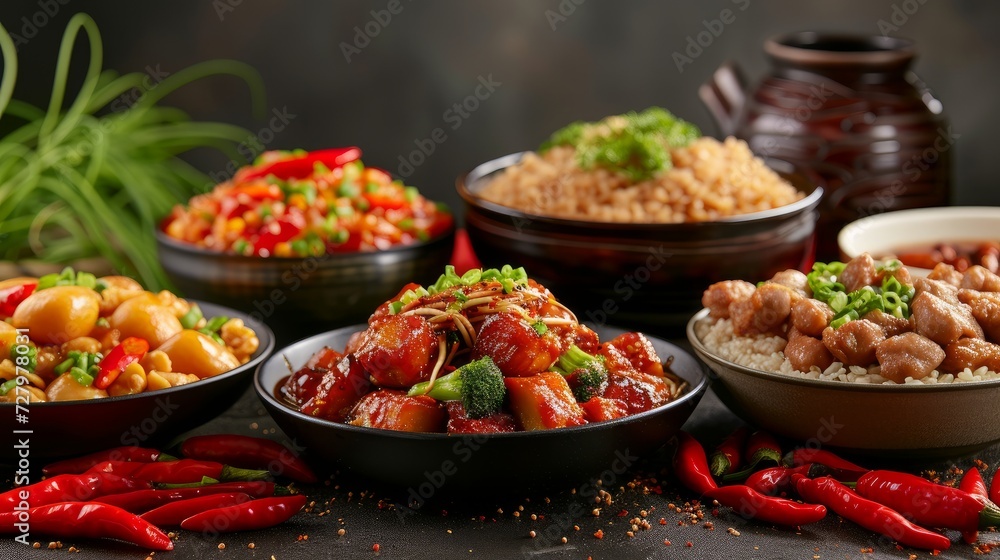 group of tasty Chinese dishes, beautifully arranged on a colorful background group of tasty Chinese dishes, beautifully arranged on a colorful background