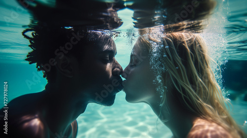 Interracial couple sharing a kiss underwater