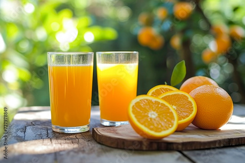 Ripe bio oranges and a glass of fresh squeezed orange juice , concept healthy eating, concept wellbeing