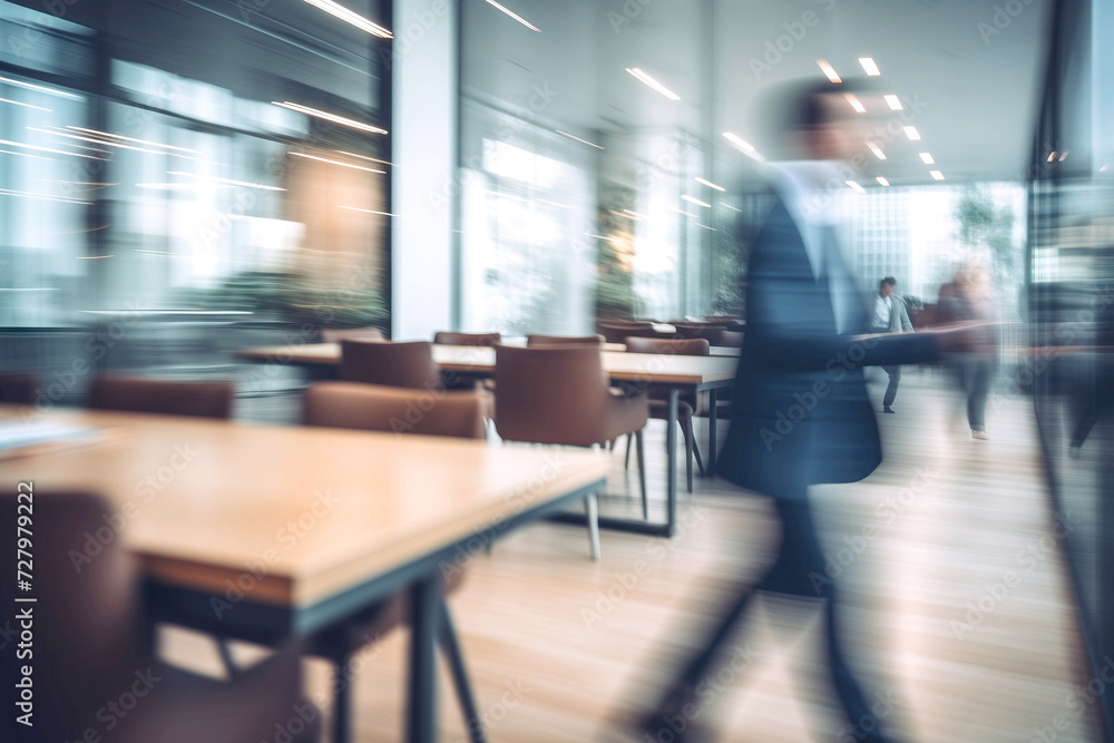 Blurred Businessperson Walking in a Modern Office Blurred Businessperson Walking in a Modern Office