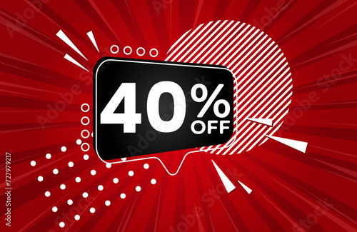 40% off. Red banner with 40 percent discount on a black balloon for mega big sales. 40% sale