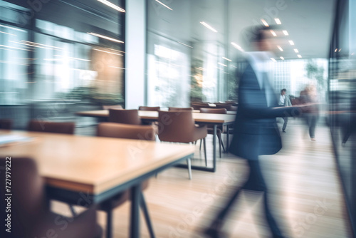 Blurred Businessperson Walking in a Modern Office