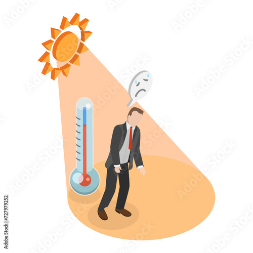 3D Isometric Flat Vector Illustration of Heatstroke, Sun Overheating and Dehydration. Item 1