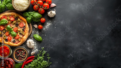 Raw ingredients and ready-made pizza on a black background
