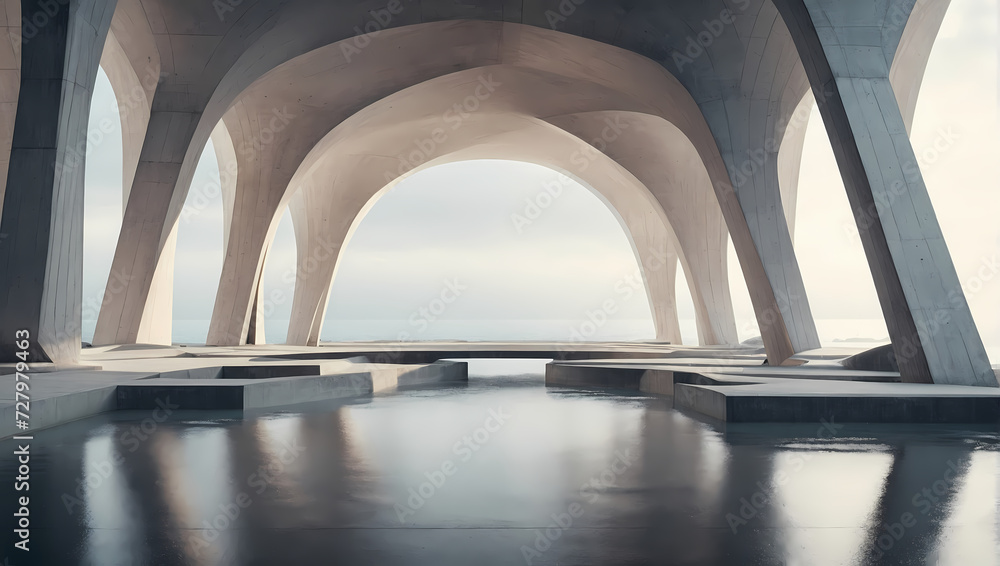 Floating 3D bridges and pillars with an architectural concrete-inspired texture.