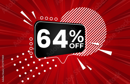 64% off. Red banner with 64 percent discount on a black balloon for mega big sales. 64% sale