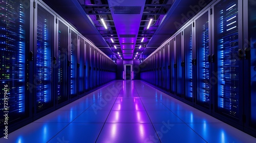  Futuristic server room with illuminated racks in a high-tech data center
