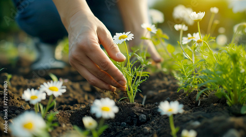 close up of hands Planting Daisy Flowers in a Sunlit Garden in springtime