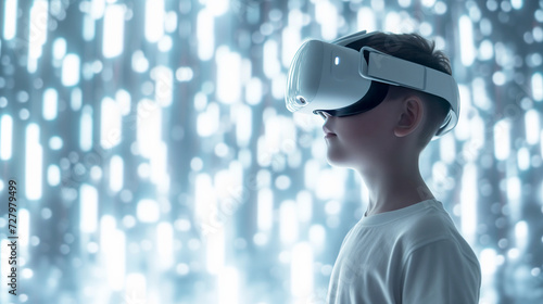 side view of a Boy Exploring Digital World with Virtual Reality Headset in fantasy bright room background