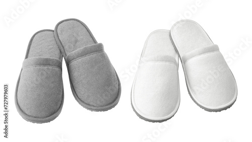 Closeup of grey and white slippers on white background.