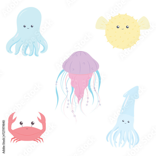 Collectible set of cute fish and aquatic animals in flat style. Set of fish and marine animals. Compilation of cute ocean inhabitants. Fish, octopus, jellyfish, crab, squid, fugu fish