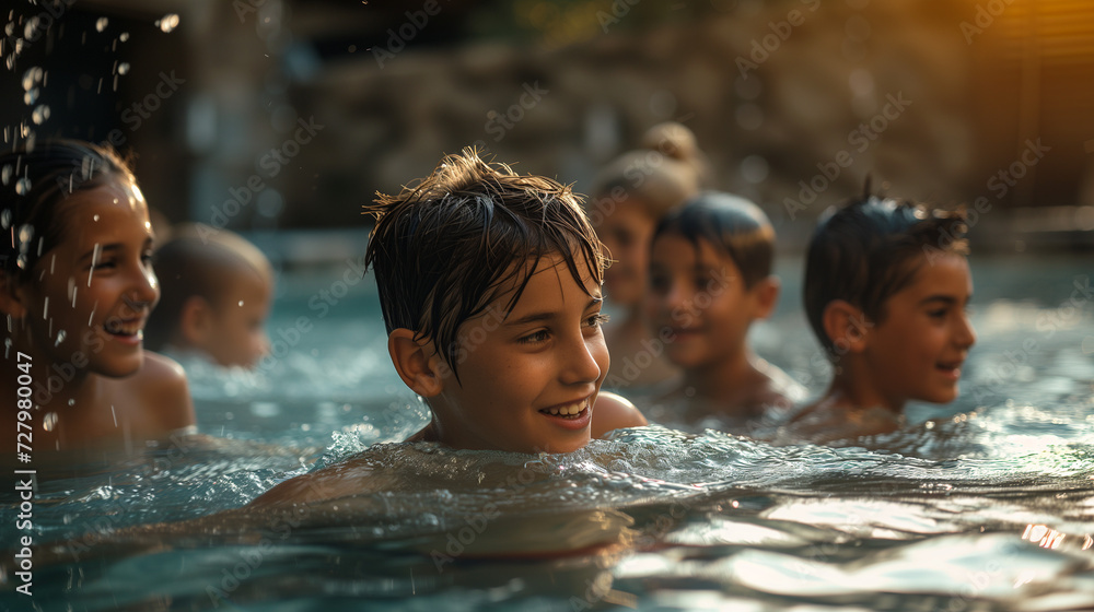 Group of kids smiling and playing in a pool. Group of kids smiling and playing in a pool.