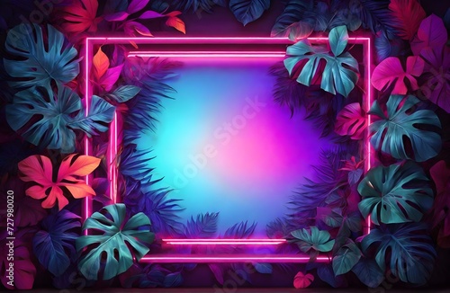 Neon square frame surrounded by tropical leaves  Creative natural background with ultraviolet exotic plants and luminous border