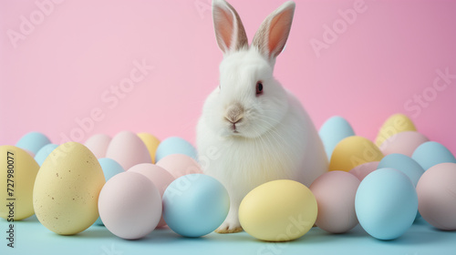 Cute bunny with colorful eggs on plain background. Easter background.