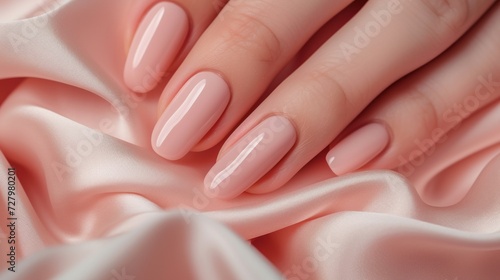 hand with long, well-manicured nails painted in a glossy, light pink nail polish on a ruffled, silky, light pink fabric that has gentle folds and creases photo