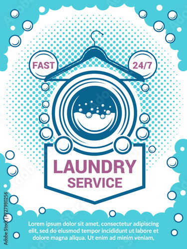 Laundry service poster and placard with washing machine bubbles and place for text