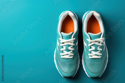 Sports sneakers on a blue background with developing laces. Side view, close-up.