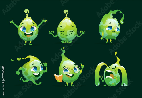 Toxic drops cartoon mascots of green drops