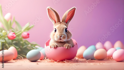 Cute little easter bunny rabbit sitting in a cracked egg on pastel pink background. Easter egg background for card or poster with copy space