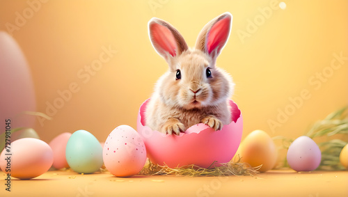 Cute little easter bunny rabbit sitting in a cracked egg on pastel yellow background. Easter egg background for card or poster with copy space