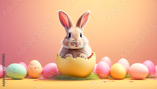 Cute little easter bunny rabbit sitting in a cracked egg on pastel background. Easter egg background for card or poster with copy space